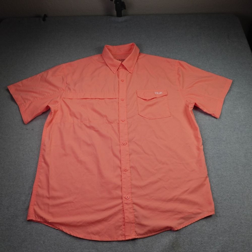 Huk Shirt Mens XL Coral Short Sleeve Vented Button Front Fishing